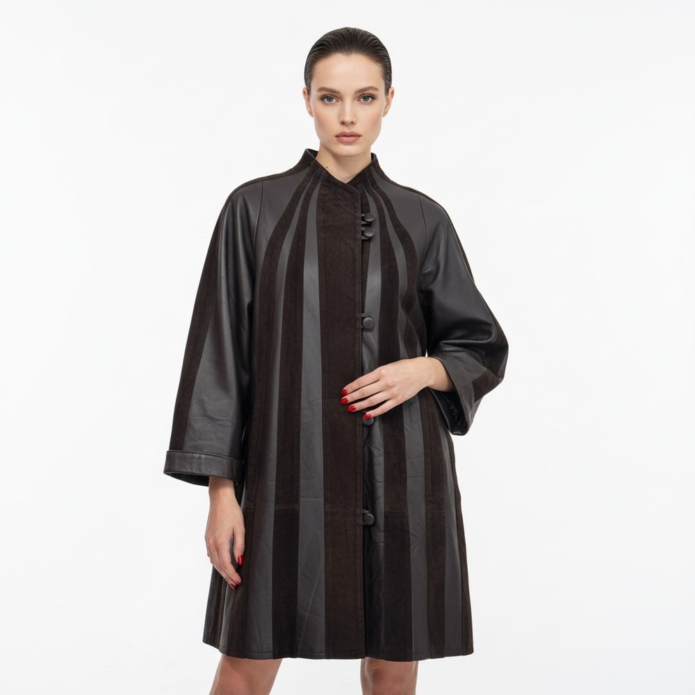 Vintage DM Leatherwear Brown Striped Coat Suede Panel Size Small Medium - Picture 4 of 15